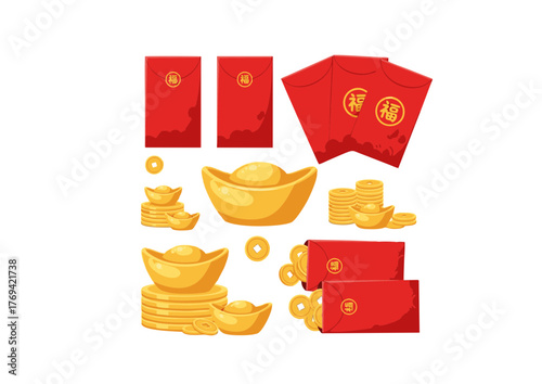 Detailed Cartoon Style Chinese New Year Red Envelopes and Gold Ingots Set