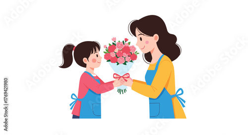 A cheerful young girl presents a bouquet of pink and red flowers to her smiling mother, both wearing blue aprons, symbolizing love and appreciation.