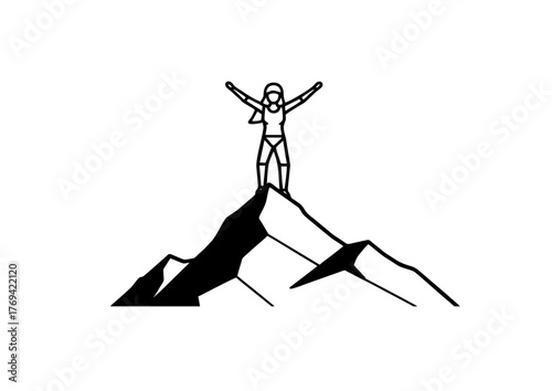 Minimalist Outline Climber Silhouette on Mountain Peak, Symbolizing Achievement and Challenge