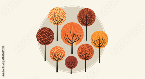 Abstract illustration of autumn trees in warm fall colors, arranged in a circular design on a light background.