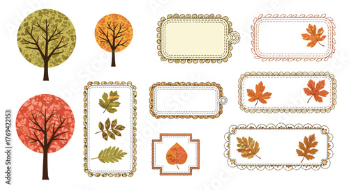 A vibrant collection of hand-drawn autumn trees in various fall colors, complemented by decorative frames and colorful leaves, perfect for seasonal designs.