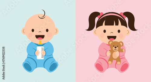 Adorable illustration of a happy baby boy in blue with a bottle and a baby girl in pink with a teddy bear, symbolizing infancy and gender.
