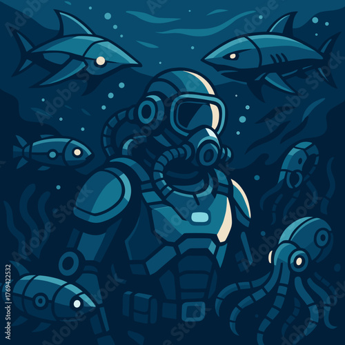 Diver in a deep sea environment surrounded by fish and jellyfish 