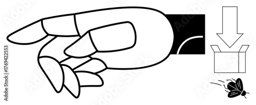 Robotic hand carefully grasping objects, aligned with an arrow pointing to a box, and a fly in motion. Ideal for automation, logistics, technology, precision, innovation robotics minimalism. Simple