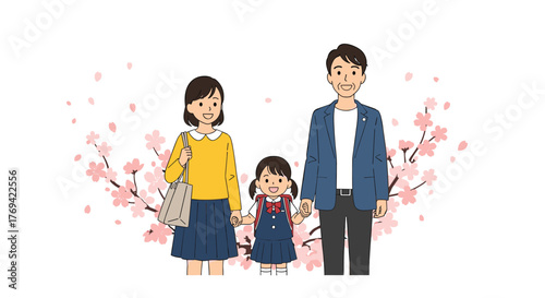 Smiling parents accompany their young daughter in a school uniform, surrounded by blooming cherry blossoms, symbolizing new beginnings.