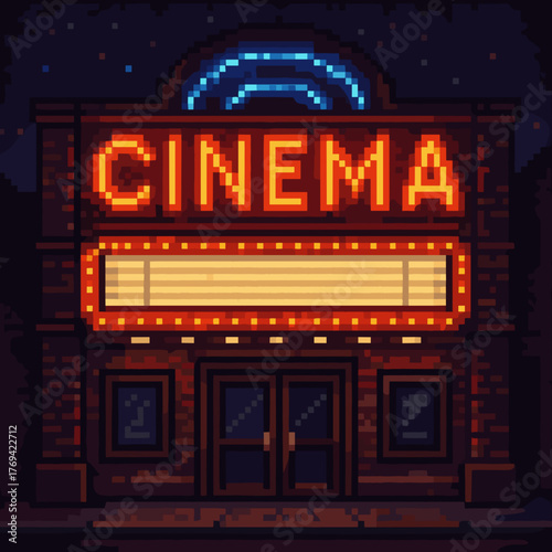 Pixel art of a vintage cinema building illuminated with glowing lights at night