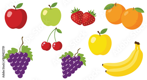 A vibrant collection of fresh, colorful fruits including red, green, and yellow apples, strawberries, oranges, cherries, grapes, and bananas.