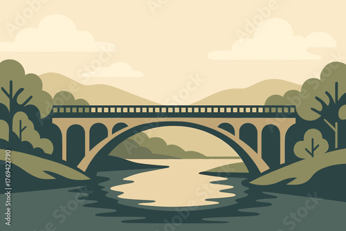 Minimalistic bridge over a serene river surrounded by hills and trees in soft colors