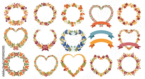 A beautiful vector collection of diverse autumnal and floral wreaths, heart-shaped frames, and decorative ribbons, perfect for seasonal designs.