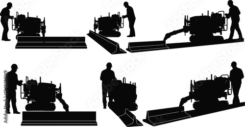 Silhouette vector illustration of worker operating compact construction machine on ramp with safety, loading, unloading, teamwork, engineering, training, and industry