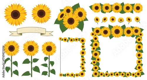 Colorful array of sunflower vector elements, showcasing individual flowers, bouquets, decorative frames, borders, and a blank ribbon banner.
