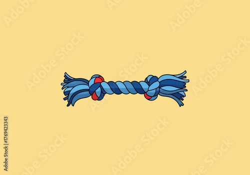 Illustration of a blue and red knotted rope toy on a yellow background.