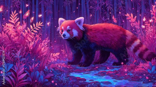 Digitally enhanced image of a red panda wandering through a fantasy forest setting