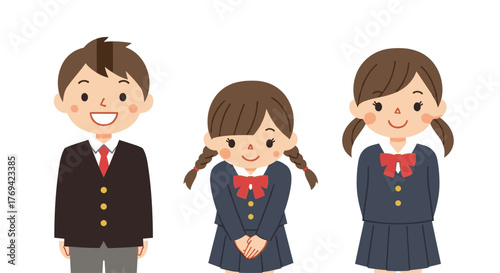 Three cheerful Japanese students, a boy and two girls, in school uniforms, with one girl bowing respectfully.