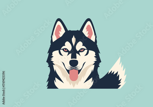 Cartoon illustration of a husky dog with black and white fur, pink tongue, and a light blue background.