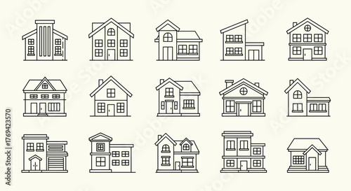 A collection of various house and home outline icons, depicting different architectural styles and designs, suitable for real estate or residential themes.