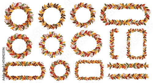 A versatile collection of vibrant autumn fall leaves and berry wreaths, decorative frames, and horizontal borders, perfect for seasonal designs.
