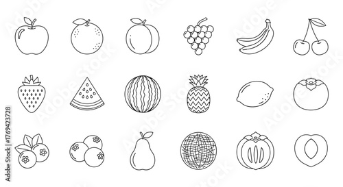 A diverse collection of black and white line art icons featuring various common and healthy fruits.