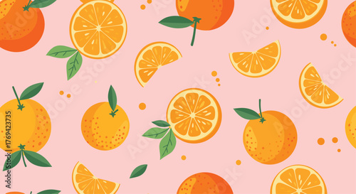 A vibrant and cheerful seamless pattern featuring various whole and sliced oranges with green leaves on a soft pastel pink background.