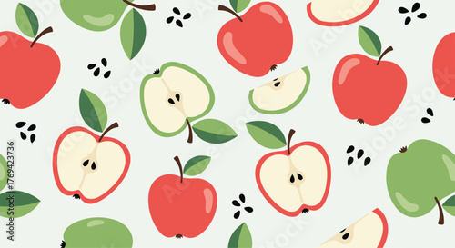 Seamless pattern with scattered red and green apples, whole and sliced, featuring black seeds on a light background, ideal for healthy food designs.
