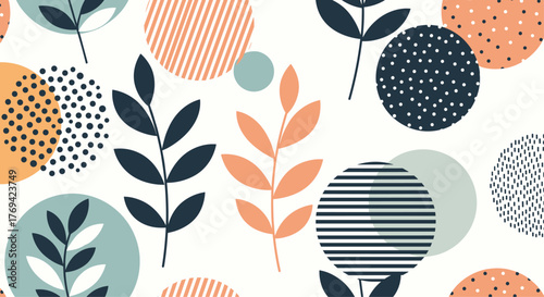 Modern abstract seamless pattern with stylized botanical leaves and geometric circles featuring various textures, perfect for contemporary design.