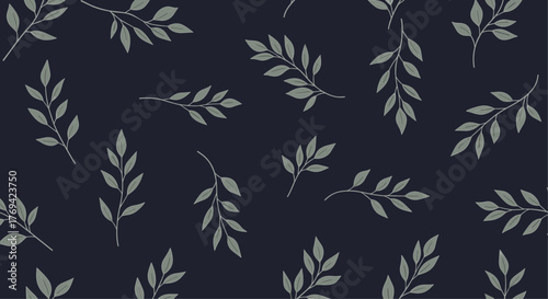 A beautiful seamless botanical pattern featuring delicate hand-drawn leaves and branches scattered across a dark navy blue background, perfect for textiles and decor.