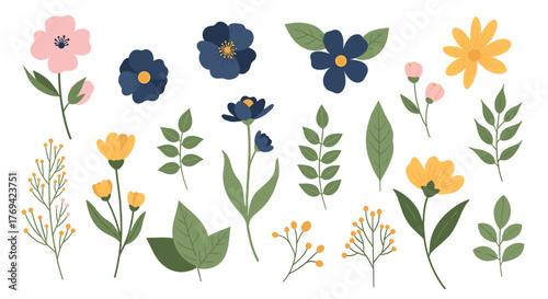 Beautiful hand-drawn collection of charming floral elements, featuring various blooming flowers, green leaves, and botanical twigs.