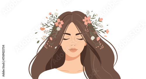 Peaceful woman with closed eyes and flowing brown hair, adorned with a delicate floral crown, evoking a sense of tranquility and natural beauty.