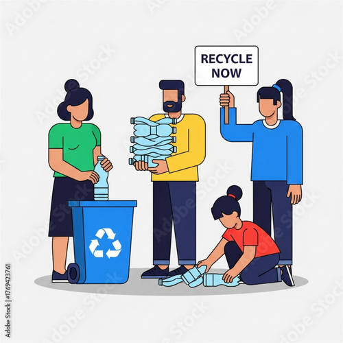 People recycling plastic bottles, promoting environmental awareness, and advocating for sustainability.