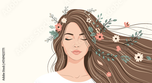 Serene portrait of a woman with long, flowing hair decorated with colorful blossoms, evoking a sense of calm and natural beauty.