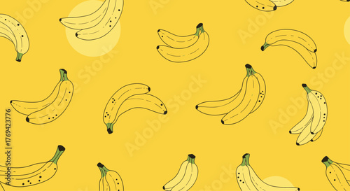 Seamless pattern of scattered ripe hand-drawn bananas with brown spots on a bright yellow background, perfect for fruity designs.