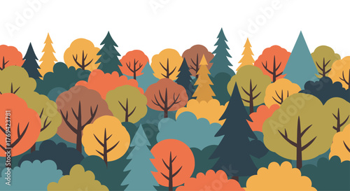 Colorful autumn forest illustration with various stylized trees and bushes on a white background, representing nature and seasonality.