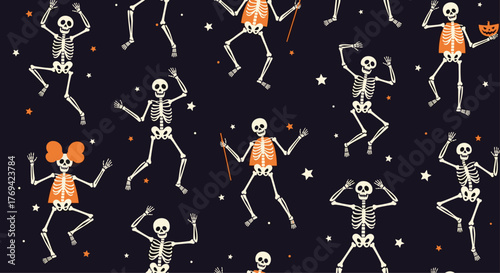 A festive Halloween seamless pattern featuring cute dancing skeletons, some with orange costumes and props, against a dark background with scattered stars.