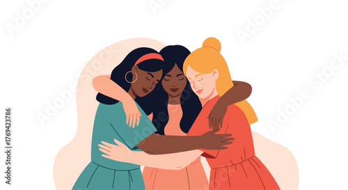 A diverse group of three women sharing a heartfelt embrace, symbolizing strong bonds, support, and togetherness.