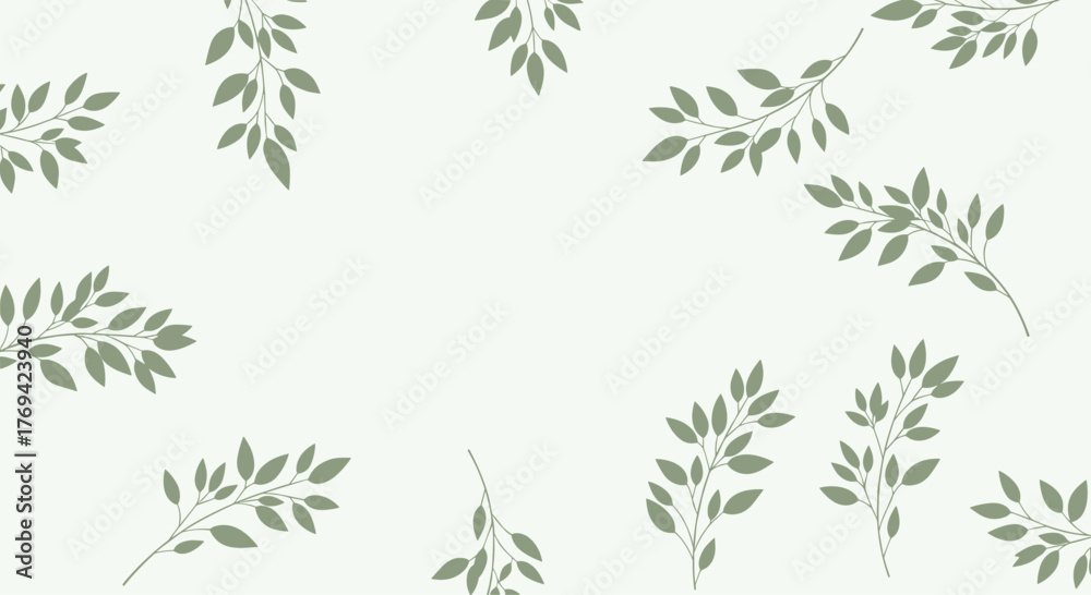Fototapeta premium A soft, muted green background adorned with scattered, simple illustrations of leafy branches, creating a serene and natural aesthetic.