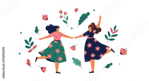 Happy women in colorful floral dresses dancing freely, celebrating friendship and spring amidst floating flowers and leaves.
