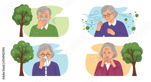 Seniors coping with seasonal allergies, exhibiting symptoms such as sneezing, coughing, and runny nose while exposed to outdoor allergens.