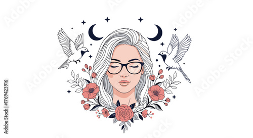 A serene illustration of a woman with closed eyes and glasses, surrounded by doves, blooming flowers, crescent moons, and stars, symbolizing peace and nature.