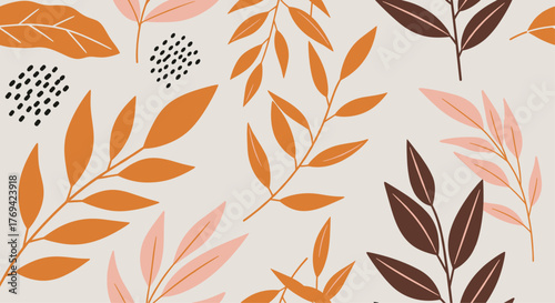 Autumnal botanical pattern with abstract leaves in warm earthy tones on a light background, perfect for contemporary design.