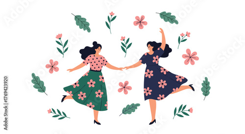 Two joyful women dancing together amidst falling flowers and leaves, celebrating friendship and freedom.