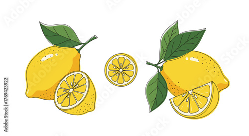 Hand-drawn illustration of fresh yellow lemons with green leaves, including whole fruits and cut slices, isolated on a white background.