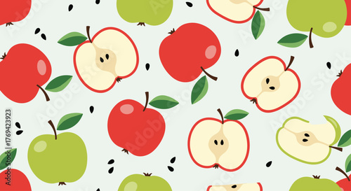 Red and green apples, whole and sliced, scattered with seeds on a light background, forming a vibrant fruit pattern.