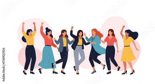 Seven diverse women joyfully celebrating and dancing together, symbolizing empowerment, unity, and friendship in a vibrant atmosphere.