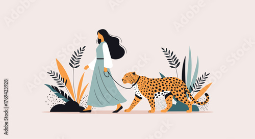 A young woman in a long dress walks a majestic cheetah on a leash through abstract botanical elements, depicted in a modern flat illustration style.