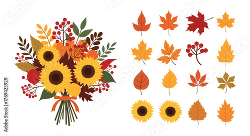 A vibrant autumn bouquet featuring sunflowers, red berries, and colorful fall leaves, complemented by a collection of individual seasonal elements.