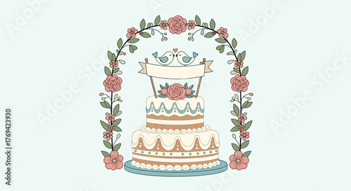 Elegant two-tier wedding cake adorned with delicate icing, a floral topper, and two charming lovebirds under a beautiful arch, ready for celebration.