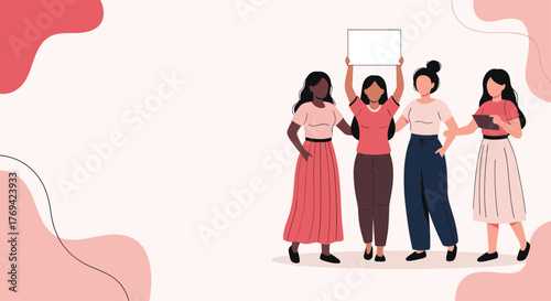 Diverse group of women standing together, symbolizing unity, empowerment, and advocacy for women's rights.