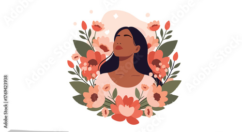 A serene woman with her eyes closed, surrounded by a vibrant bouquet of blooming flowers, embodying peace and natural beauty.
