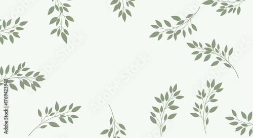 A soft, muted green background adorned with scattered, simple illustrations of leafy branches, creating a serene and natural aesthetic.