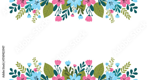 Beautiful botanical frame featuring delicate pink and blue blossoms and lush green foliage, perfect for springtime designs.